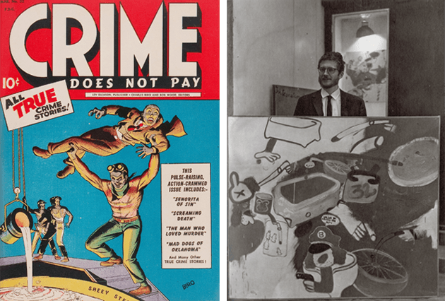 [left] Cover of Crime Does Not Pay, Lev Gleason, New York, no. 32, March 1944 [right] Peter Saul with Valda Sherman (1961) in Paris, 1962